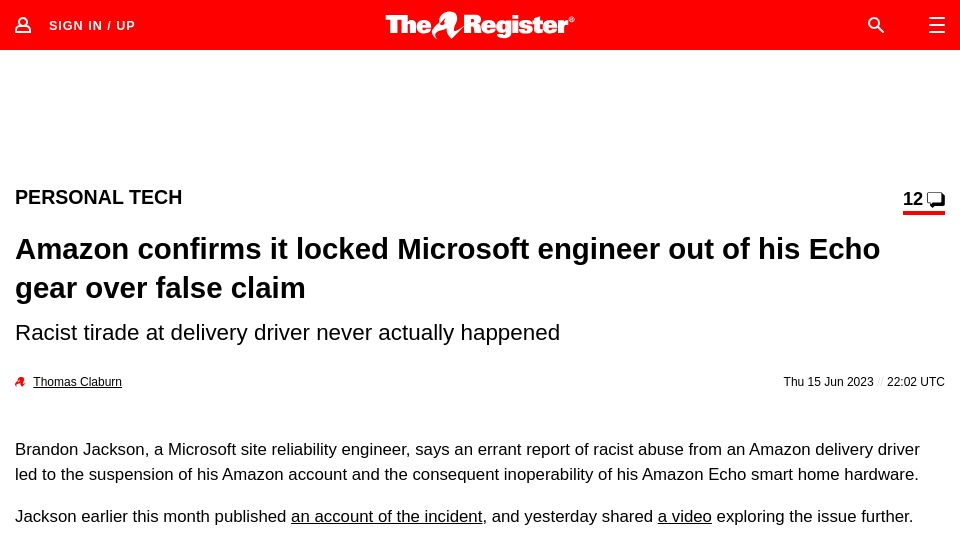 Screenshot of theregister.com: Amazon confirms it locked Microsoft engineer out his Echo gear over false claim