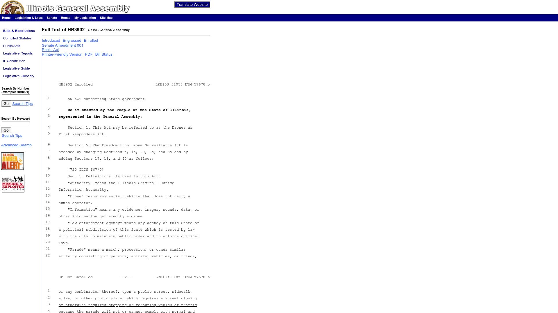 Screenshot of ilga.gov: Illinois prohibits weapons, facial recognition on police drones