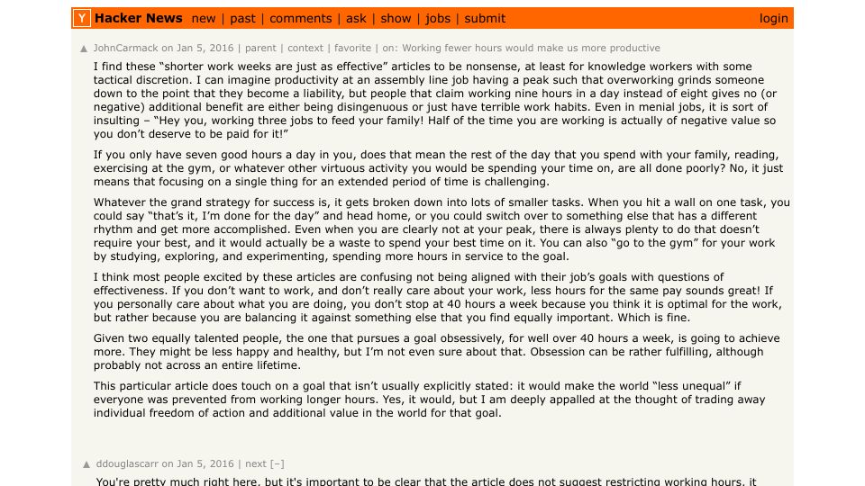 Screenshot of news.ycombinator.com: John Carmack on shorter work weeks (2016)