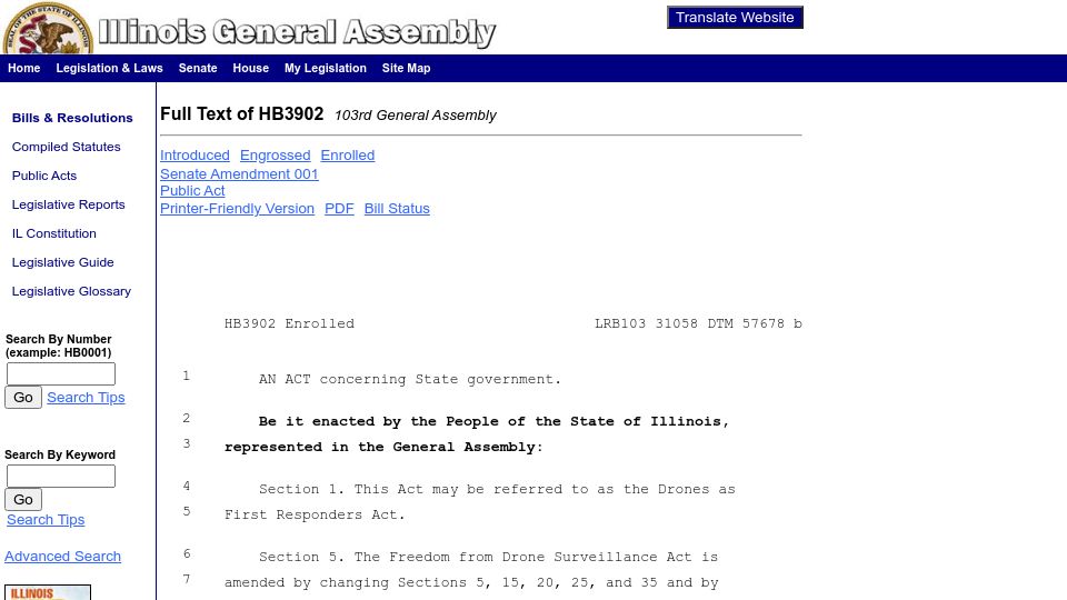 Screenshot of ilga.gov: Illinois prohibits weapons, facial recognition on police drones