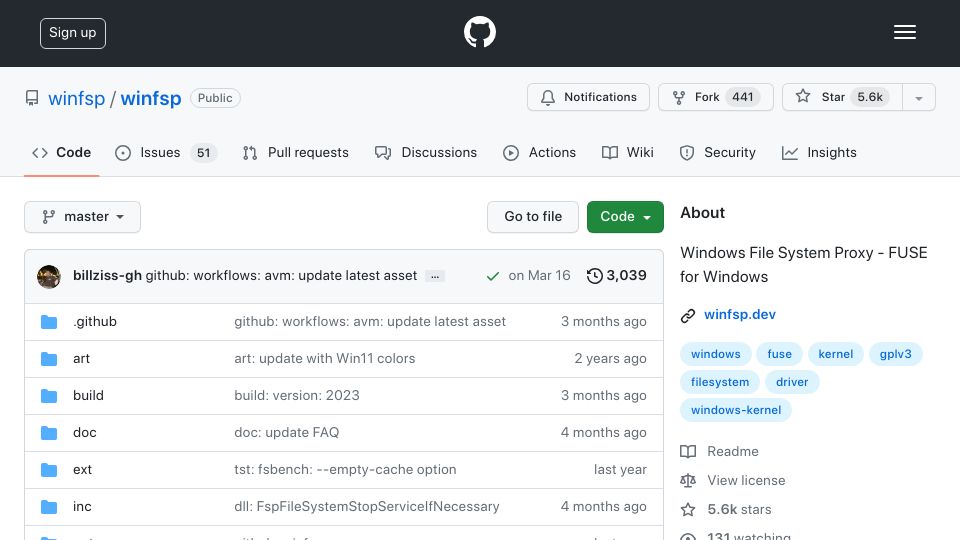 Screenshot of github.com: WinFsp · Windows File System Proxy