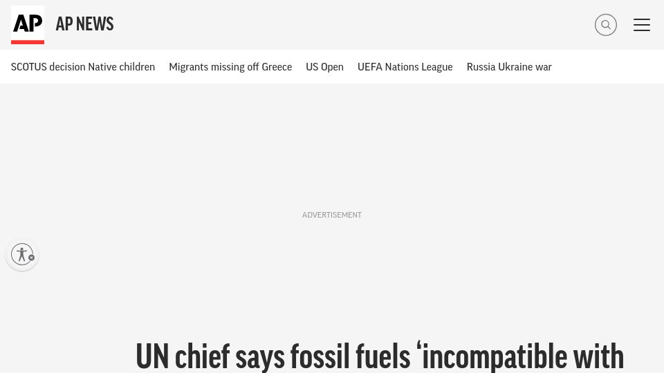 Screenshot of apnews.com: UN chief says fossil fuels 'incompatible with human survival,'