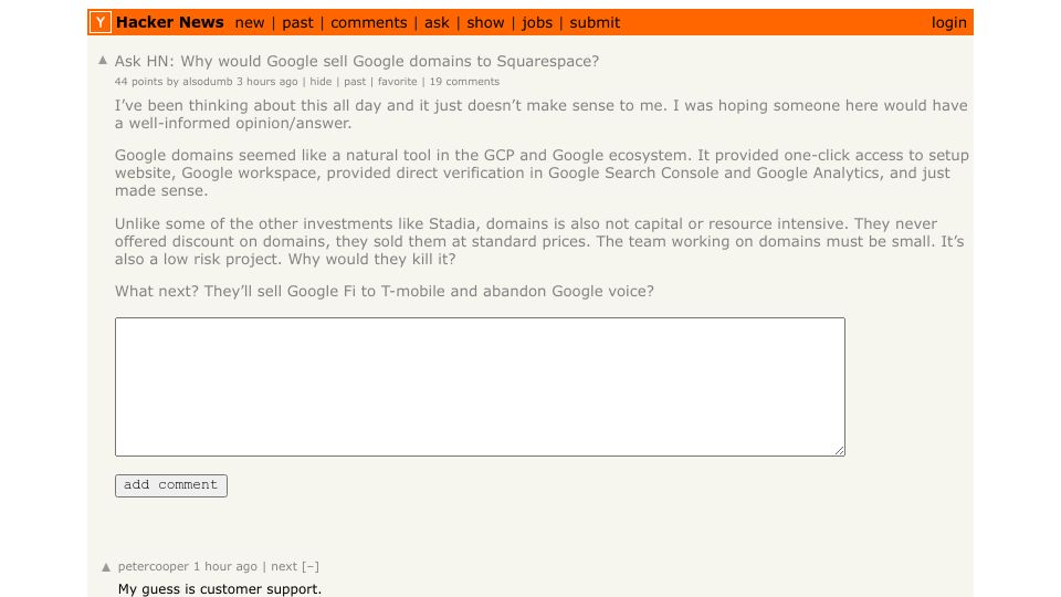 Screenshot of Hacker News post: Ask HN: Why would Google sell Google domains to Squarespace?