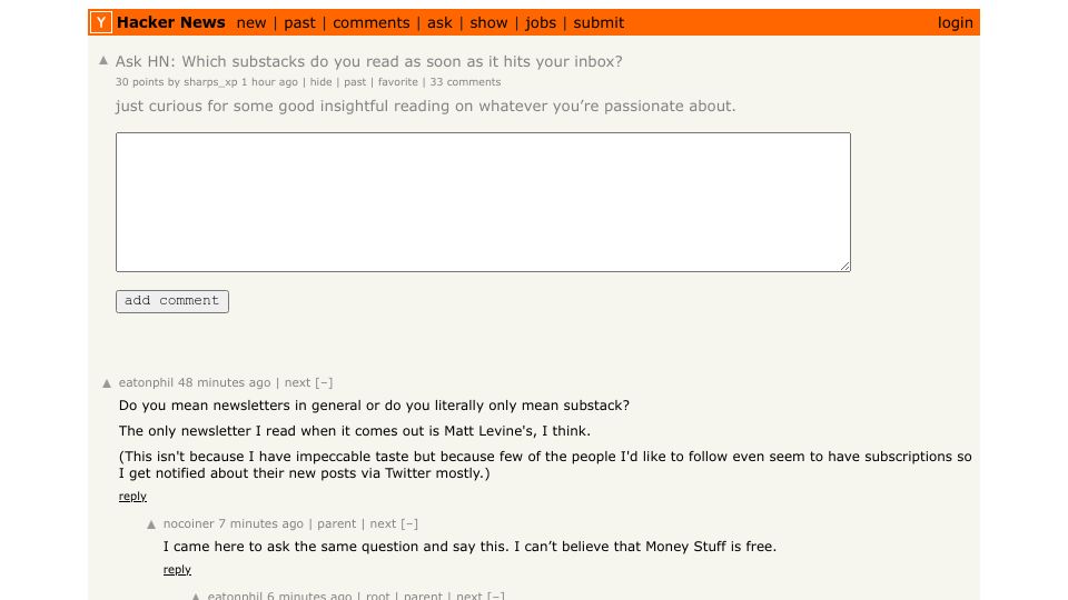 Screenshot of Hacker News post: Ask HN: Which substacks do you read as soon as it hits your inbox?