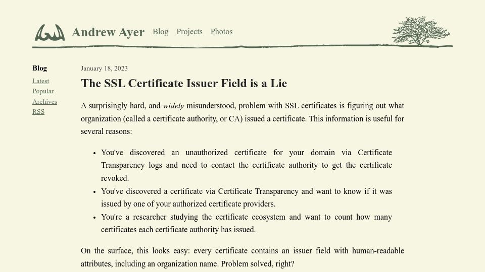 Screenshot of agwa.name: The SSL Certificate Issuer Field Is a Lie