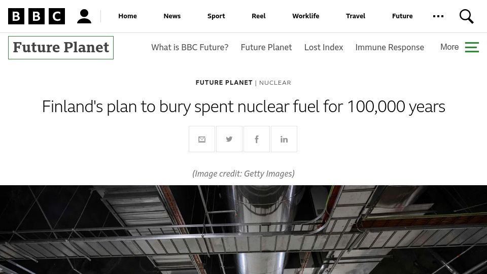 Screenshot of bbc.com: Finland's plan to bury spent nuclear fuel for 100k years