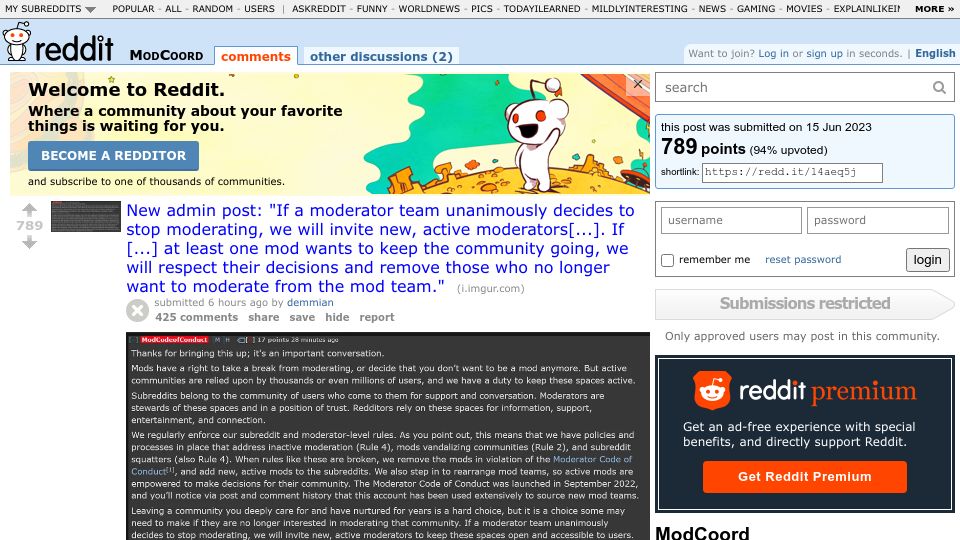 Screenshot of old.reddit.com: Reddit is removing moderators that protest by taking their communities private