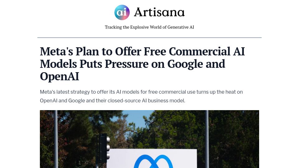 Screenshot of artisana.ai: Meta's plan to offer free commercial AI models puts pressure on Google, OpenAI