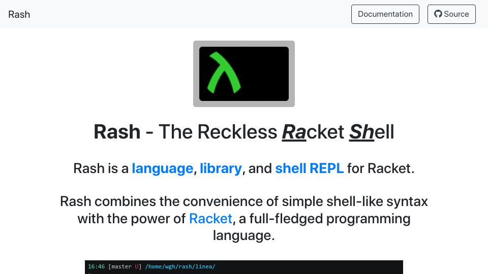 Screenshot of rash-lang.org: Rash – The Reckless Racket Shell