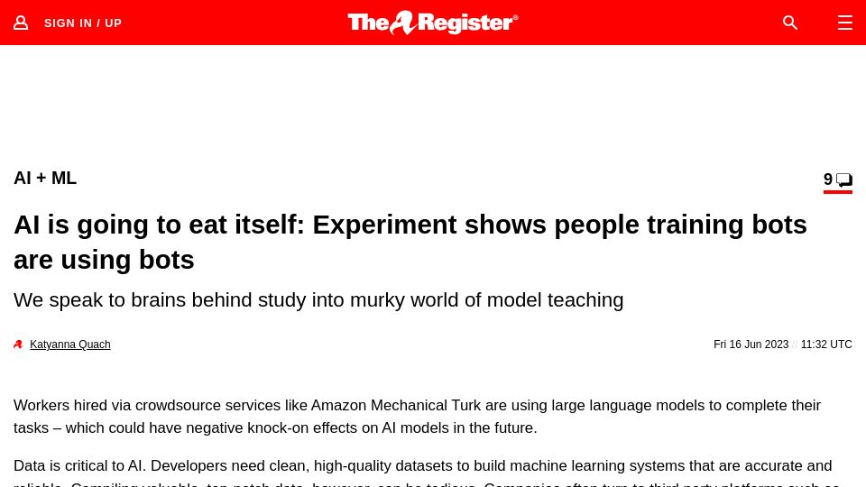 Screenshot of theregister.com: AI is going to eat itself: Experiment shows people training bots are using bots