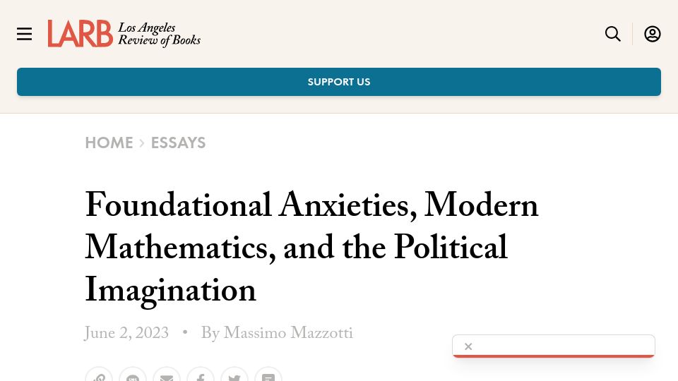 Screenshot of lareviewofbooks.org: Foundational Anxieties, Modern Mathematics, and the Political Imagination