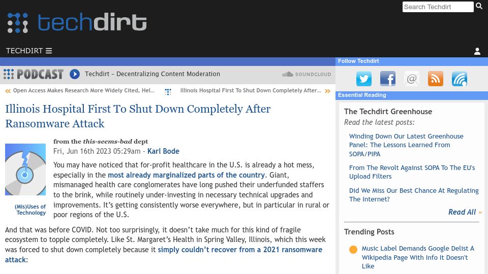 Screenshot of techdirt.com: Illinois Hospital First to Shut Down After Ransomware Attack