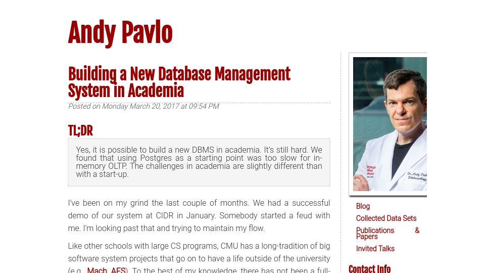 Screenshot of cs.cmu.edu: Building a new database management system in academia (2017)