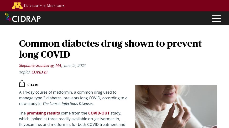 Screenshot of cidrap.umn.edu: Metformin shown to prevent long Covid