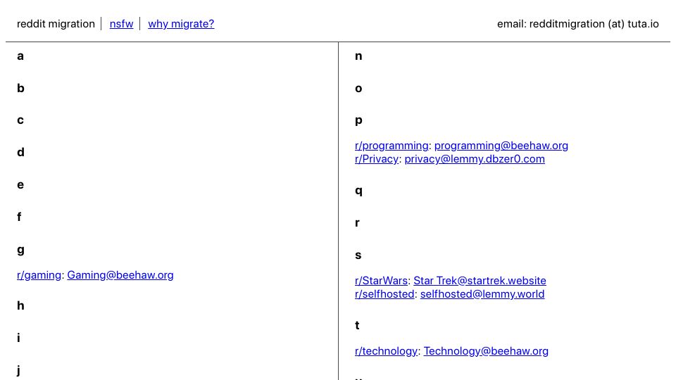 Screenshot of redditmigration.com: Subreddit Migration Directory