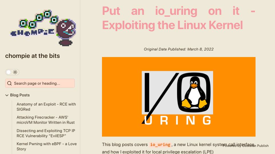 Screenshot of chompie.rip: Put an io_uring on it – Exploiting the Linux Kernel (2022)