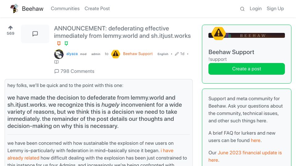 Screenshot of beehaw.org: Lemmy Instances are already blocking each other