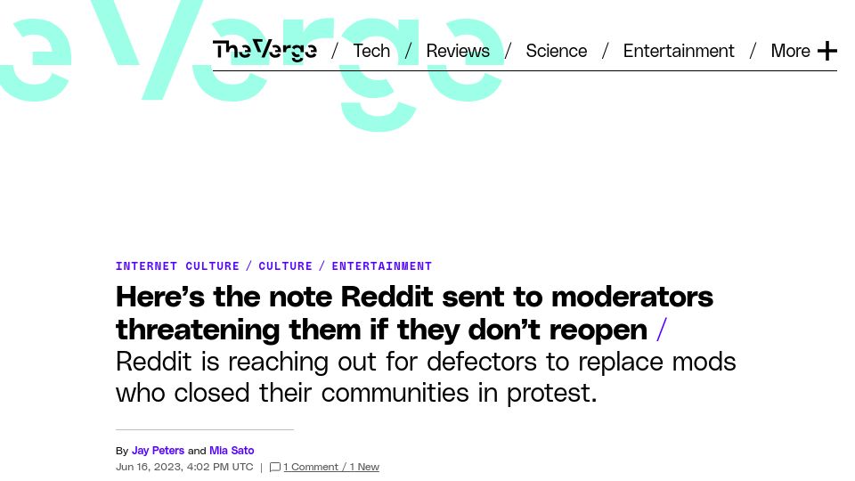 Screenshot of theverge.com: The note Reddit sent to moderators threatening them if they don’t reopen