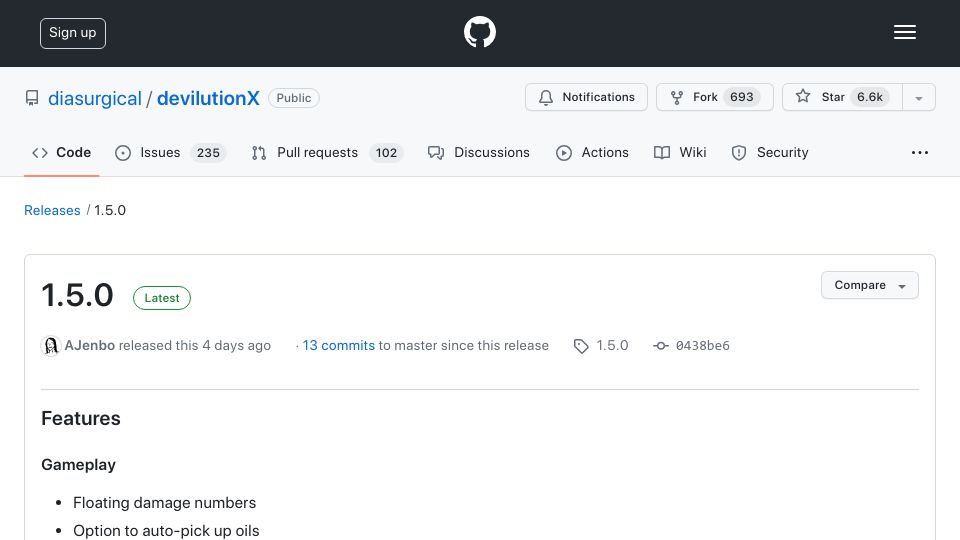 Screenshot of github.com: Open source Diablo 1 engine – DevilutionX 1.5.0 released