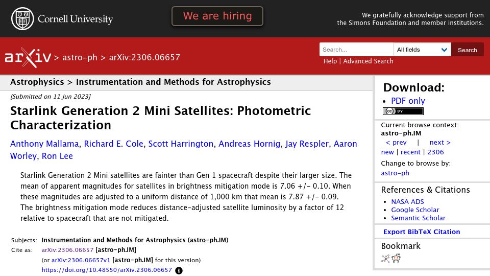 Screenshot of arxiv.org: Starlink v2 reached the brightness reduction target recommended by astronomers