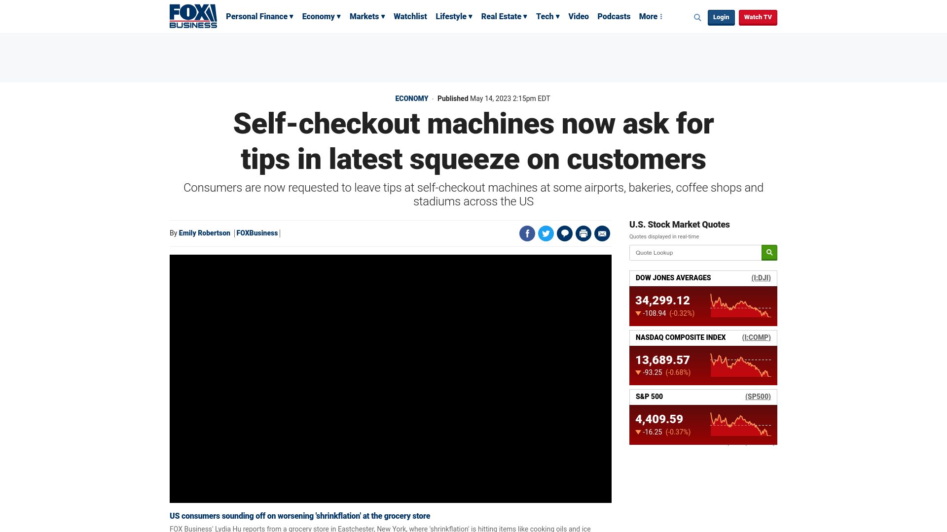 Screenshot of foxbusiness.com: Self-checkout machines now ask for tips in latest squeeze on customers