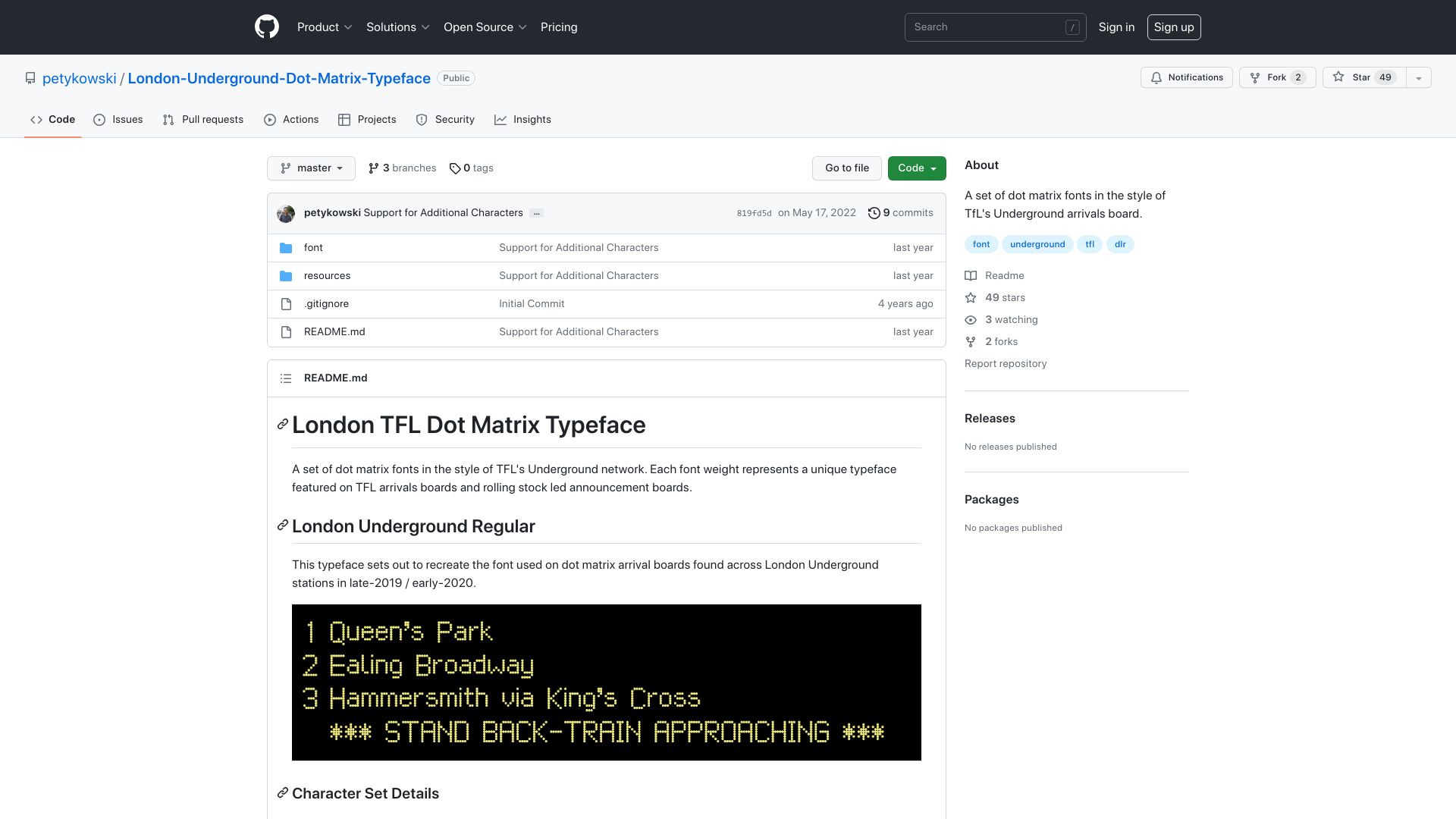 Screenshot of github.com: London Underground Dot Matrix Typeface