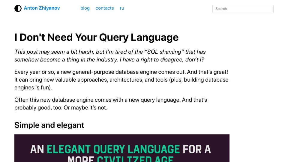 Screenshot of antonz.org: I don't need your query language