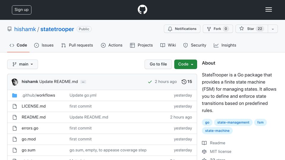 Screenshot of github.com: Show HN: State Trooper – Tiny, no frills state machine for Go