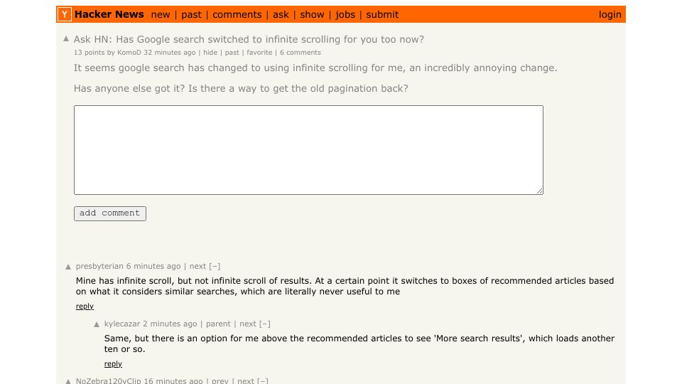 Screenshot of Hacker News post: Ask HN: Has Google search switched to infinite scrolling for you too now?