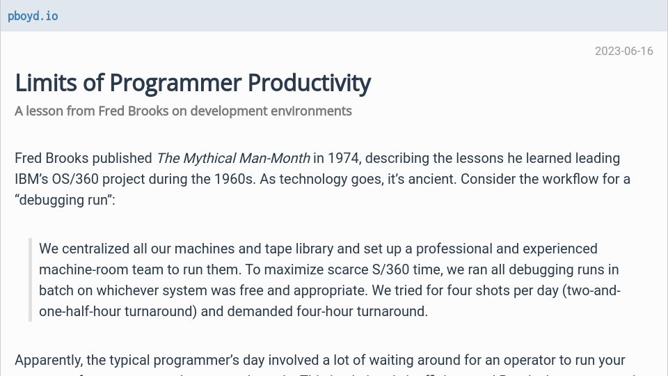 Screenshot of pboyd.io: Limits of Programmer Productivity: A lesson from Fred Brooks