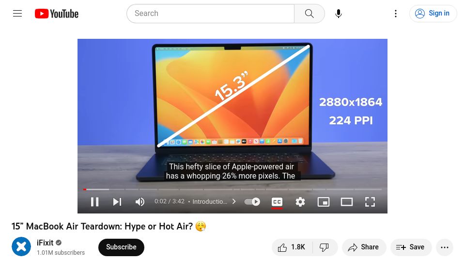 Screenshot of youtube.com: 15” MacBook Air Teardown