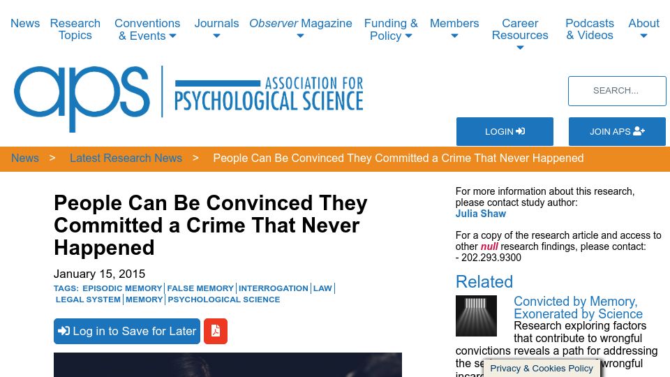Screenshot of psychologicalscience.org: People can be convinced they committed a crime that never happened (2015)