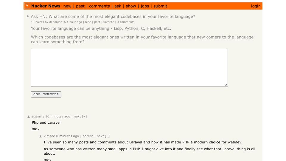 Screenshot of Hacker News post: Ask HN: What are some of the most elegant codebases in your favorite language?