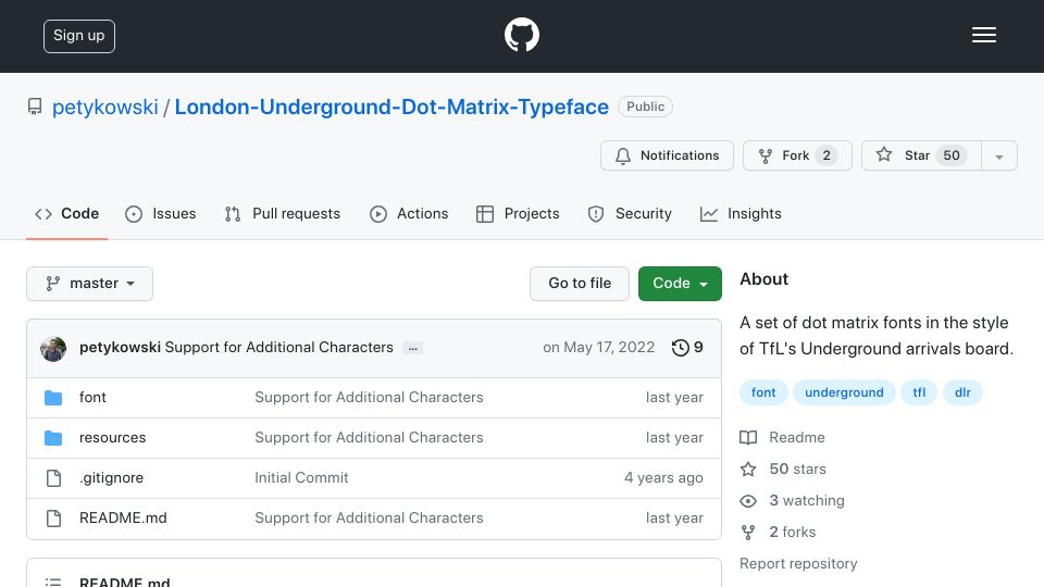 Screenshot of github.com: London Underground Dot Matrix Typeface