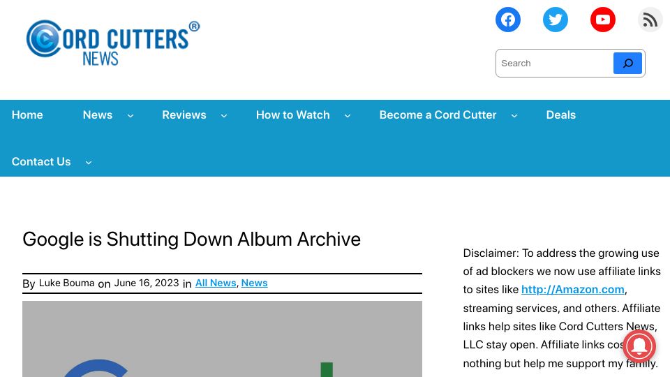 Screenshot of cordcuttersnews.com: Google Is Shutting Down Album Archive