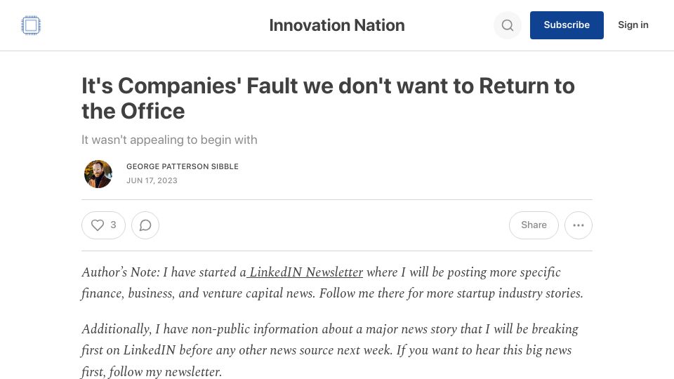 Screenshot of innovationnation.blog: It's companies' fault we don't want to return to the office