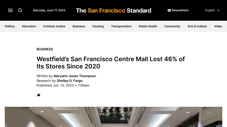 Screenshot of sfstandard.com: Westfield’s San Francisco centre mall lost 46% of its stores since 2020