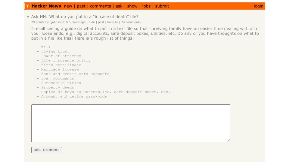 Screenshot of Hacker News post: Ask HN: What do you put in a “in case of death” file?
