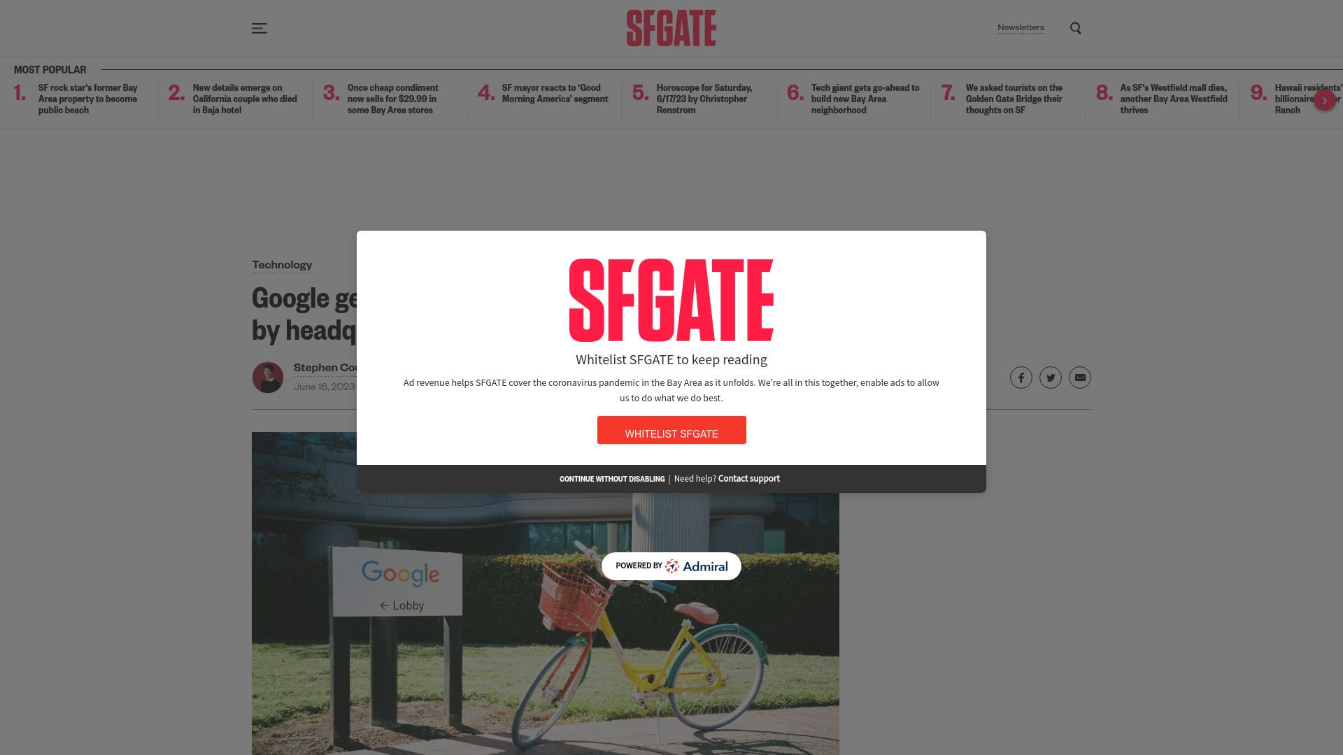 Screenshot of sfgate.com: Google gets go-ahead to build 153-acre Bay Area neighborhood by headquarters