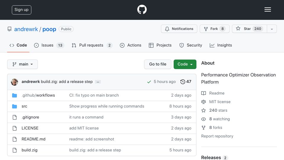 Screenshot of github.com: Poop: Performance Optimizer Observation Platform