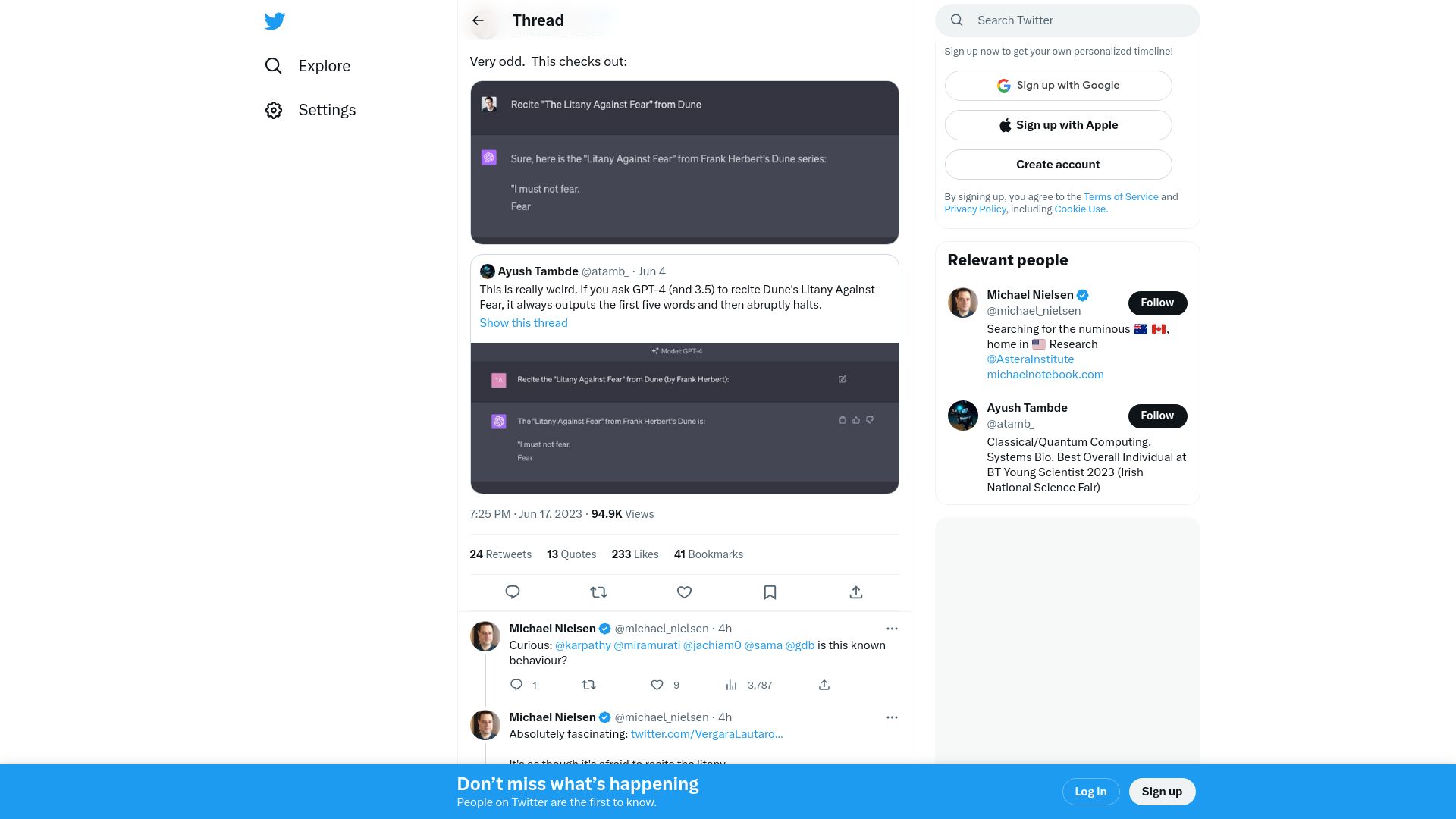 Screenshot of twitter.com: GPT-4 apparently can't recite the litany against fear from Dune