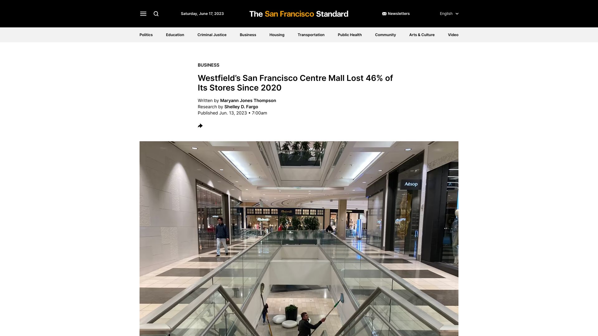 Screenshot of sfstandard.com: Westfield’s San Francisco centre mall lost 46% of its stores since 2020
