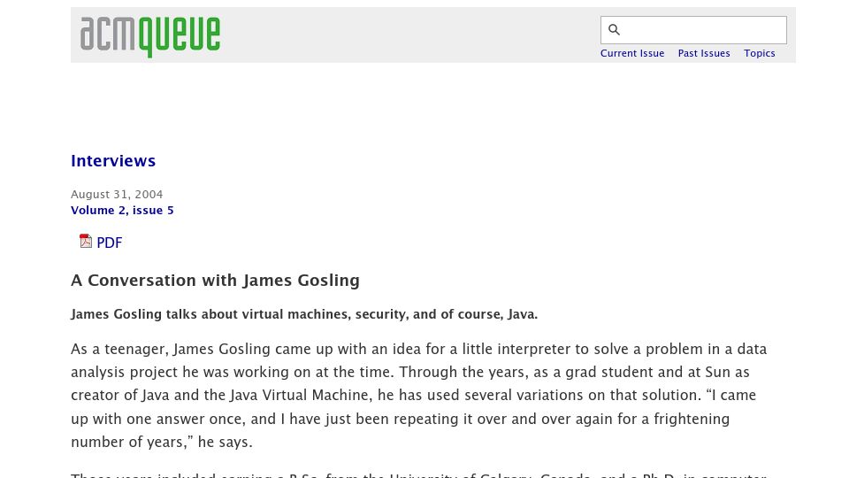 Screenshot of queue.acm.org: James Gosling talks about virtual machines, security, and Java (2004)