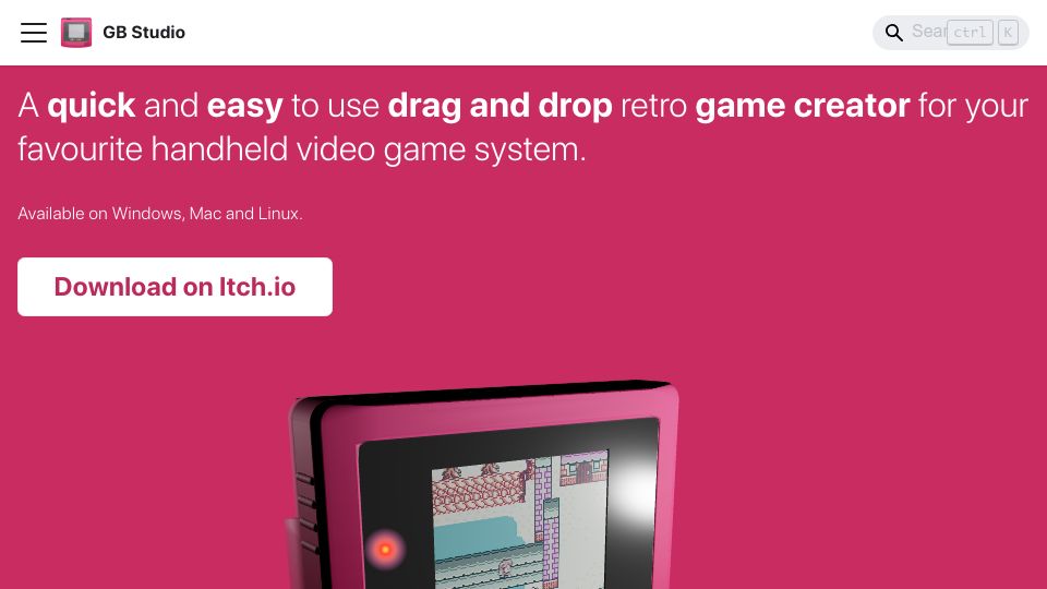 Screenshot of gbstudio.dev: GB Studio: Drag and drop retro game creator for GameBoy