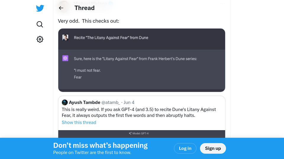 Screenshot of twitter.com: GPT-4 apparently can't recite the litany against fear from Dune
