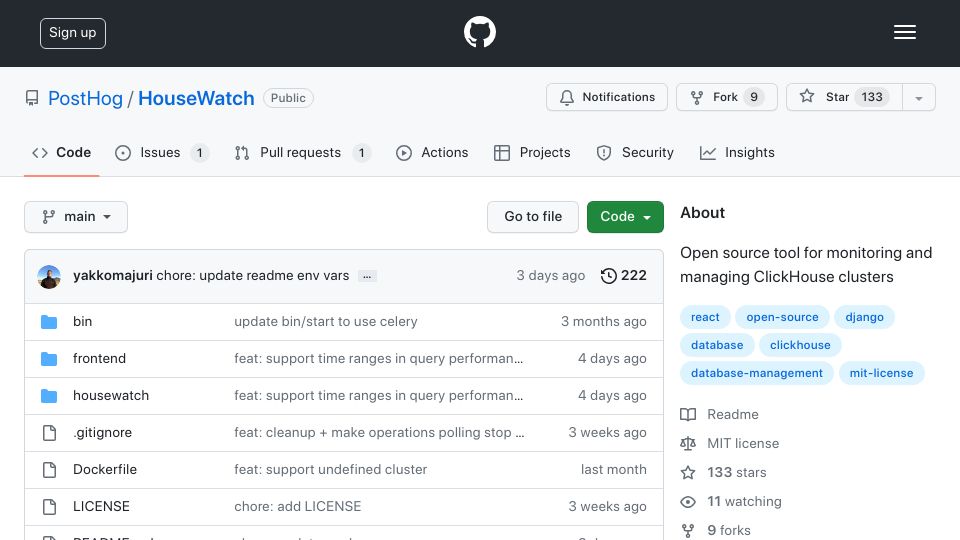 Screenshot of github.com: HouseWatch: Open-source tool for monitoring and managing ClickHouse clusters