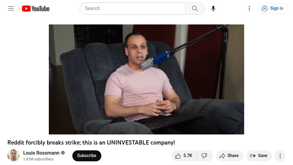 Screenshot of youtube.com: Louis Rossmann - Reddit forcibly breaks strike; this is an UNINVESTABLE company!