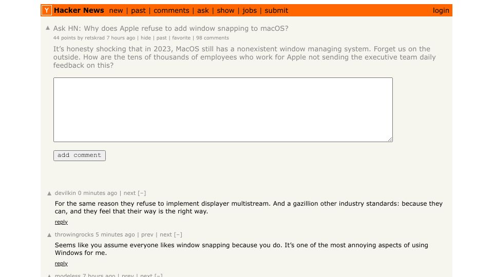 Screenshot of Hacker News post: Ask HN: Why does Apple refuse to add window snapping to macOS?