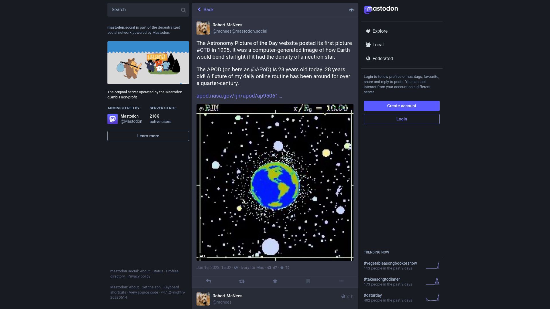 Screenshot of mastodon.social: Astronomy Picture of the Day is is 28 years old today