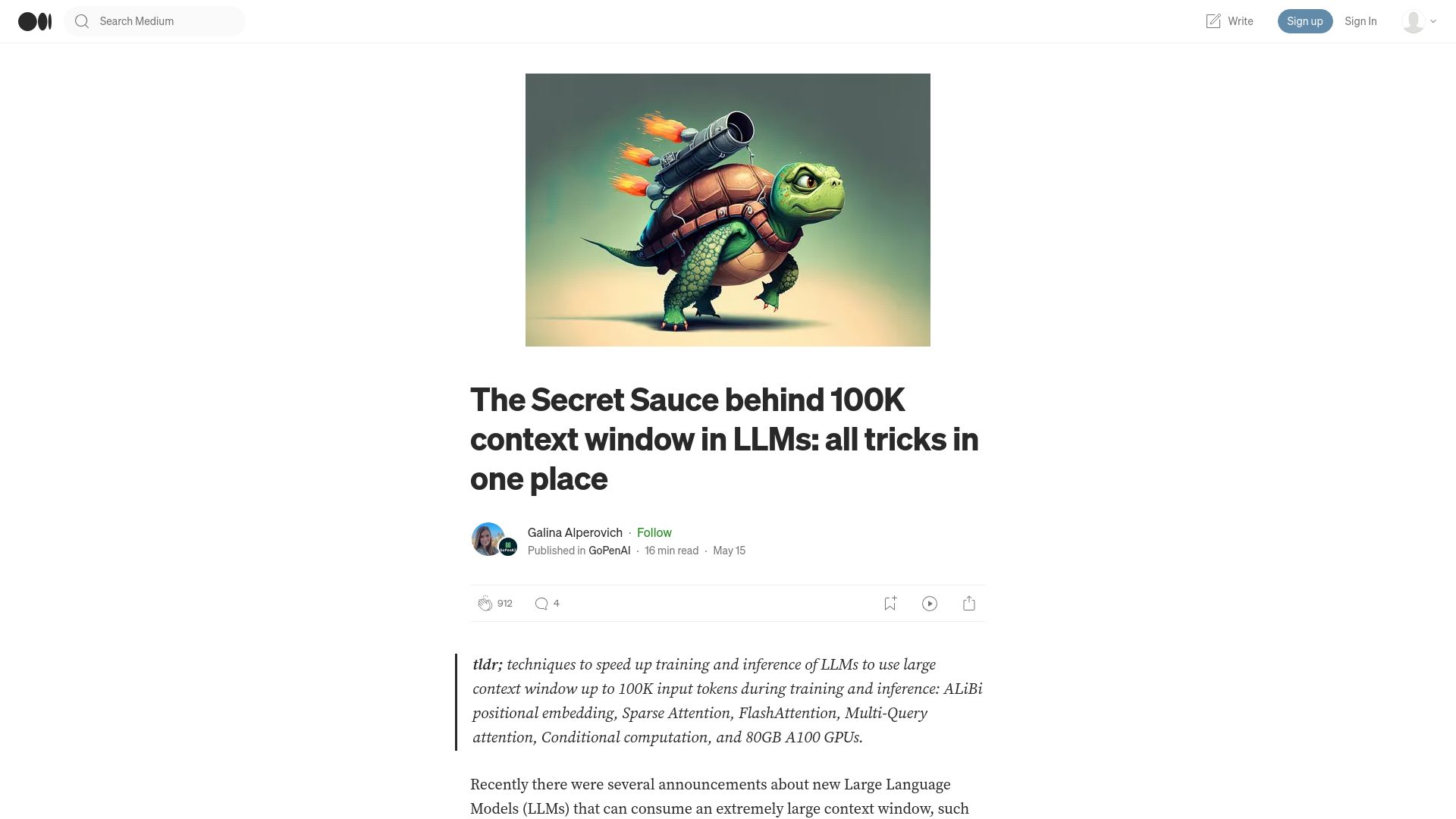 Screenshot of blog.gopenai.com: The Secret Sauce behind 100K context window in LLMs: all tricks in one place